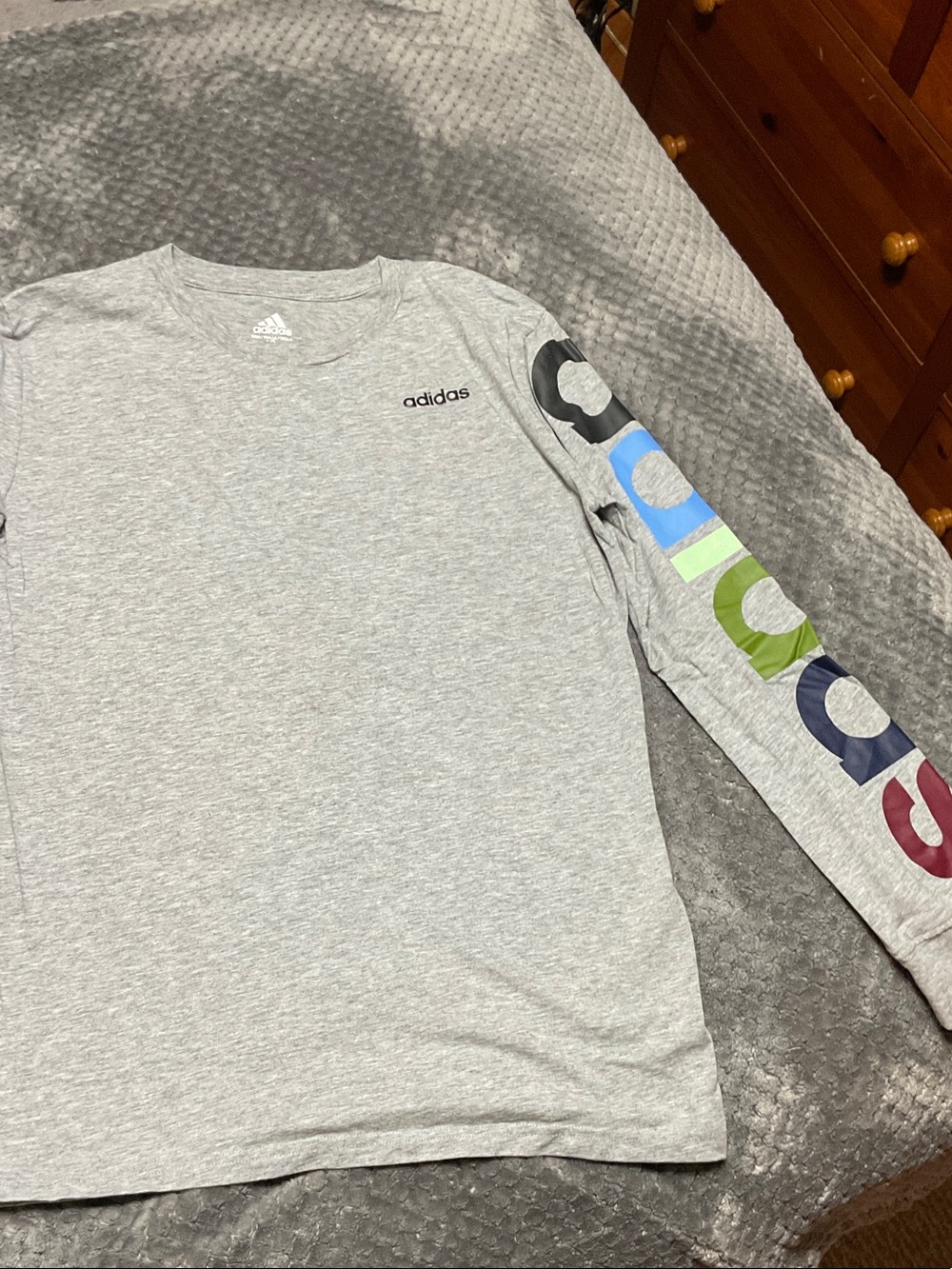 adidas Gray Long-Sleeve Tee with Multicolor Sleeve Logos
